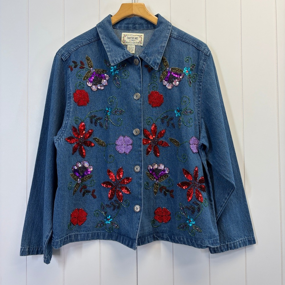 Vintage Tantrums Whimsical Floral Beaded Denim Jacket Womens Large Grannycore